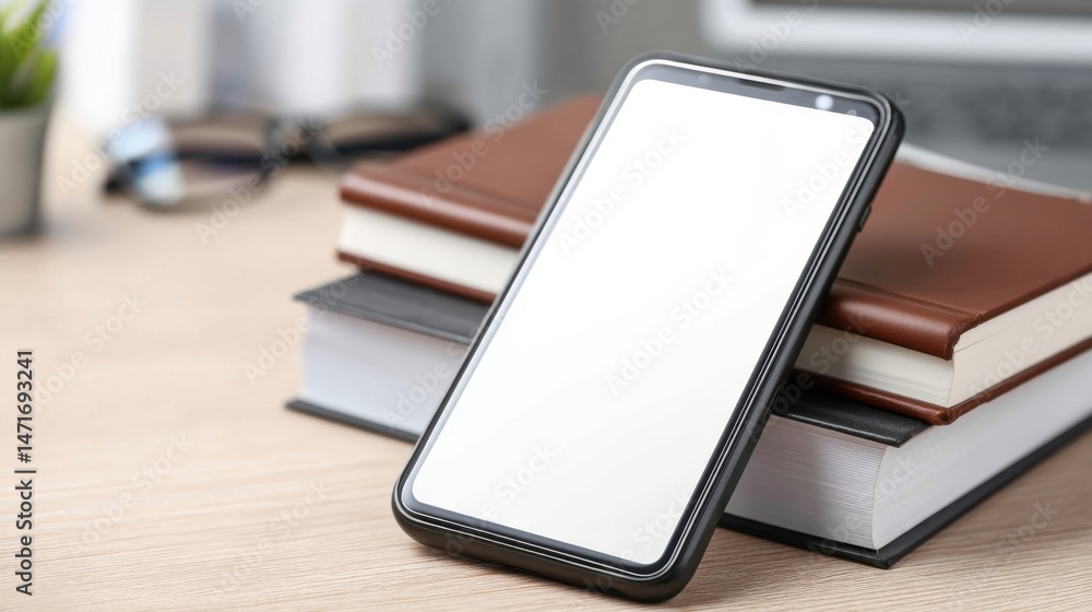 Poster modern smartphone with blank screen rests on a stack of books on a wooden desk, representing educati