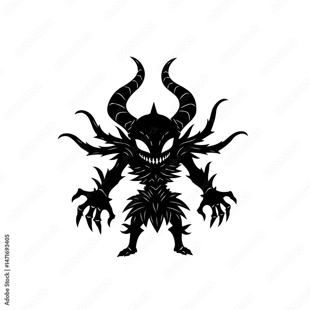 Poster stylized silhouette of a demonic character with horns and sharp features