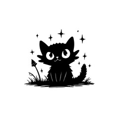 Whimsical black cat silhouette amidst twinkling stars, fantasy creature art