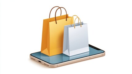 Illustration of shopping bags on a smartphone, representing online shopping and digital commerce.