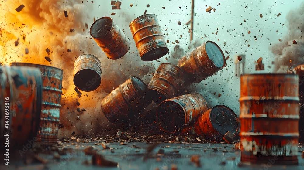 Poster stack of barrels collapsing like dominoes in slow motion, visual impact, cinematic scene