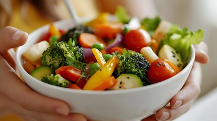 Person savoring a bowl of vegetable stir-fry made with local produce