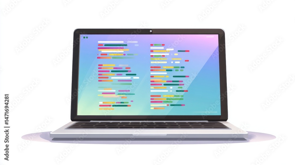 Poster a modern laptop displaying colorful code on the screen, set against a clean background, ideal for te