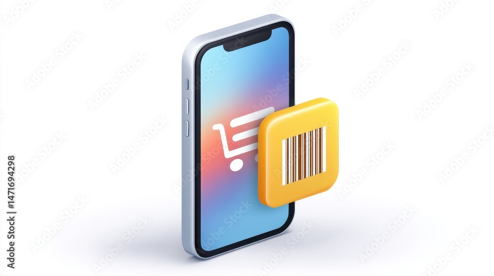 Poster a smartphone displaying a shopping cart icon with a barcode overlay, symbolizing mobile commerce and