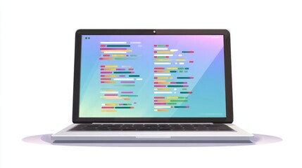 A modern laptop displaying colorful code on the screen, set against a clean background, ideal for tech and programming themes.