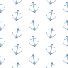 Seamless pattern with watercolor blue ship anchors. For children's fabric, wallpaper, cover, wrapping paper.