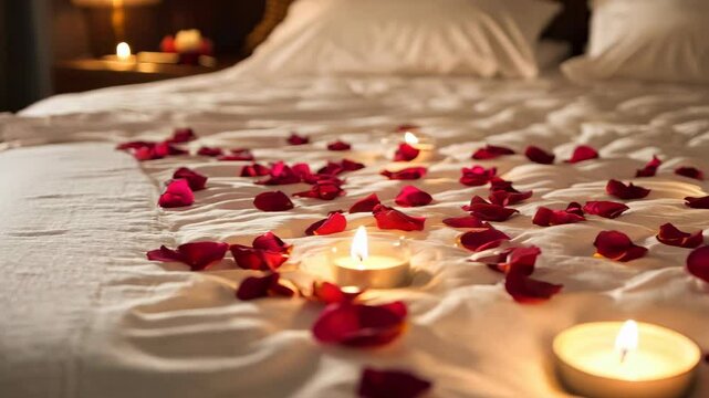 A romantic bedroom with rose petals on the bed and warm fairy lights