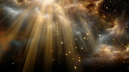 Radiant light beams break through cosmic clouds in a star-filled universe