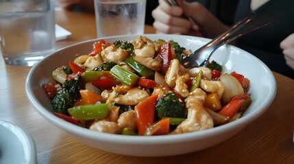Person savoring a bowl of vegetable stir-fry made with local produce