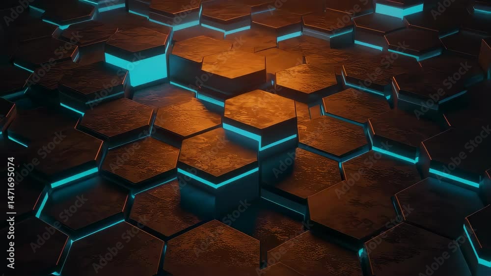 Poster abstract hexagon pattern glowing teal and orange 3d render