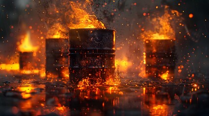 Outdoor chemical drums catching rainwater and fire residue, surreal lighting, Cinematic Scene