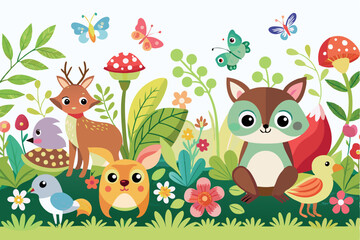 Fototapeta premium Delightful cartoon illustration featuring forest animals and butterflies in a vibrant garden setting