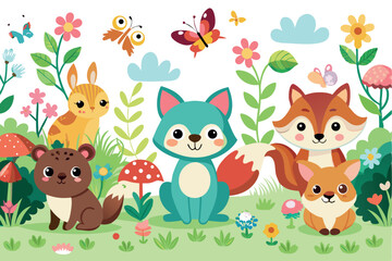 Naklejka premium Cute cartoon forest animals and flowers illustrations on a white background
