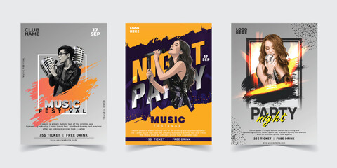 Dynamic Music Event Posters Featuring Bold Typography, Vibrant Illustrations, Concert Details, and Ticket Information for Night Parties and Festivals