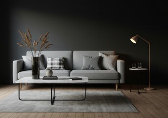 Living room interior with gray sofa, marble coffee table and floor lamp