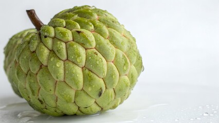 Obraz premium Fresh Sugar Apple with Green Stripe and Water Droplets – Isolated on White