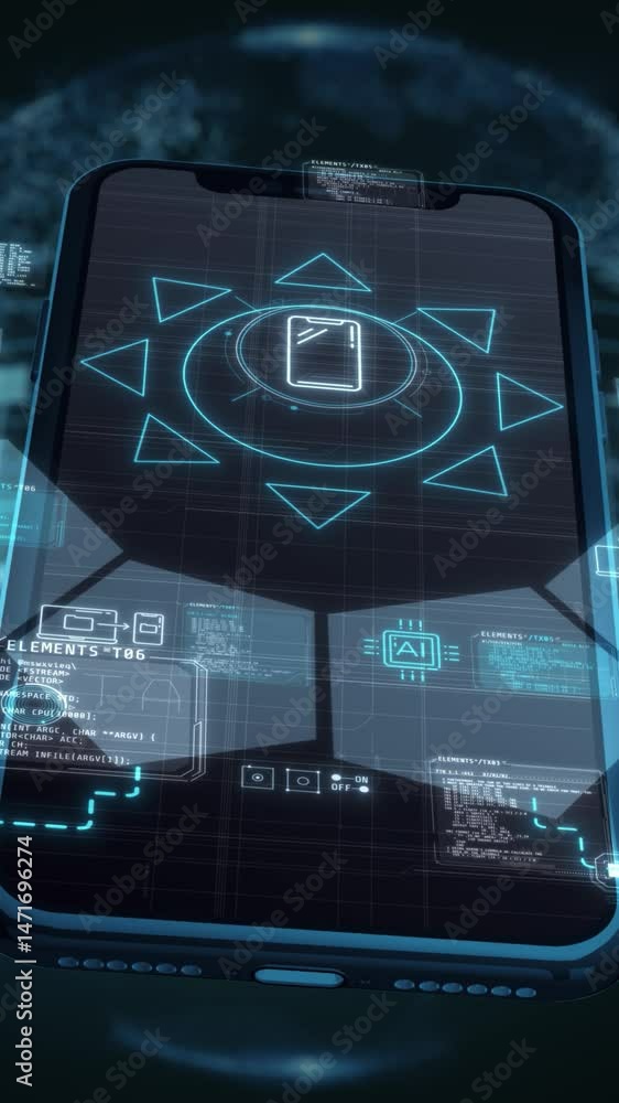 Poster smartphone's 3d presence adorned with data visuals.