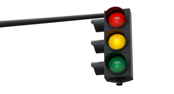 A traffic light displaying red yellow and green lights against a black background isolated on white background, tarensparent background, png, jpg,jpeg,  on transparent background