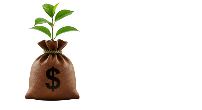 A money bag with a dollar sign and a plant growing out of it on black background isolated on white background, tarensparent background, png, jpg,jpeg,  on transparent background