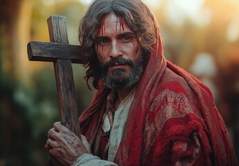 Jesus in a white and red robe holding a wooden cross, isolated on a light background with copy space. Perfect for Christian faith, Easter, or religious themes with space for text, studio shot.