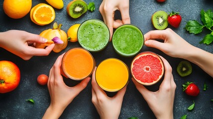 Hands preparing a smoothie with fresh fruit for a balanced breakfast