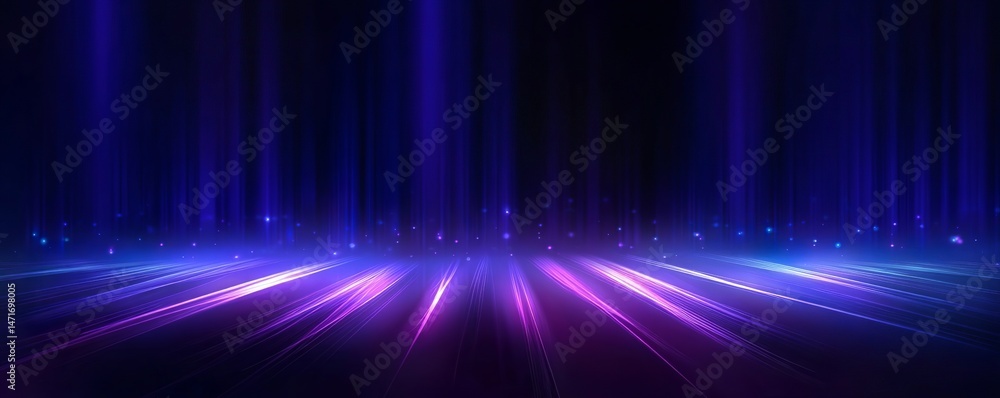 Poster abstract blue and purple background with light rays and glowing lines, creating an elegant and
