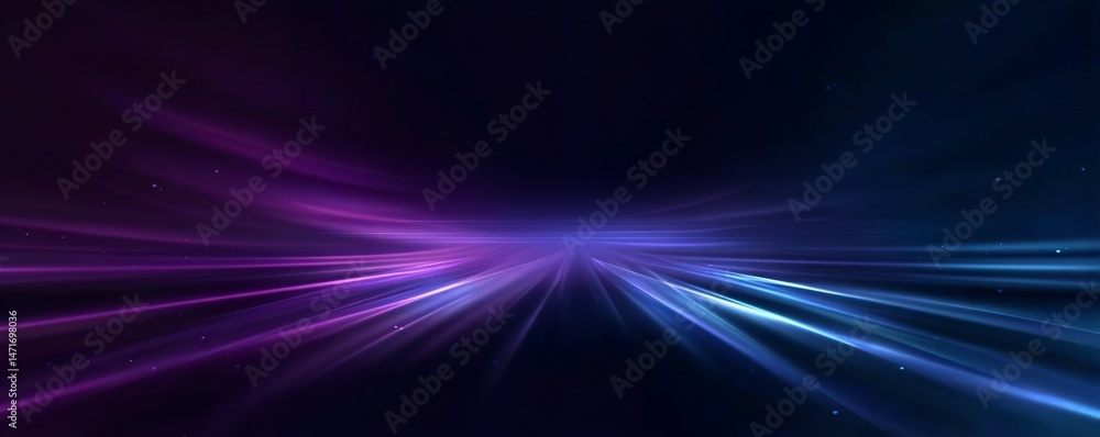 Poster abstract blue and purple background with light rays and glowing lines, creating an elegant and