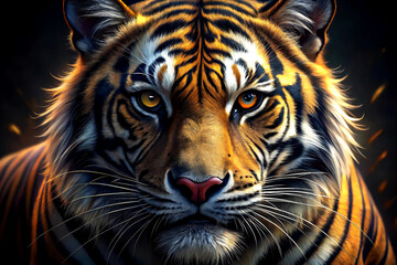 Obraz premium Hyper detailed close-up portrait of tiger with golden black fur, glowing eyes, and dramatic lighting in 4K realism 