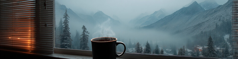Foggy peaks through blinds with a warm coffee mug 32k, full ultra hd, high resolution