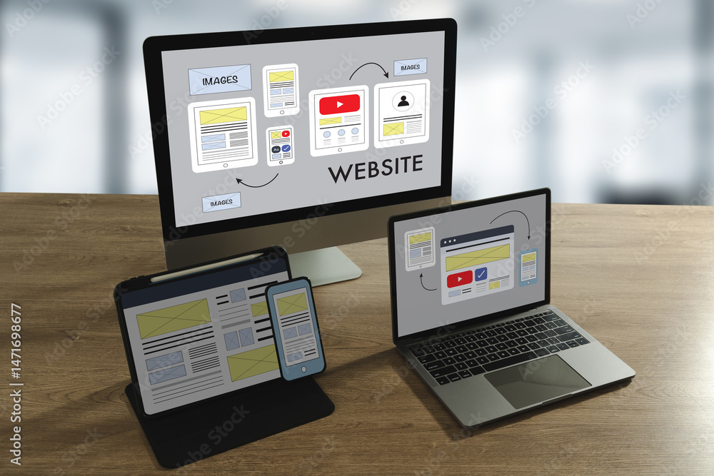 Aufkleber responsive website design mockup on desktop, laptop, tablet, and smartphone for modern web developme
