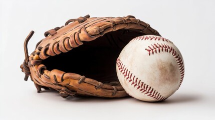 A professional baseball mitt holding a baseball, isolated on a seamless white backdrop,