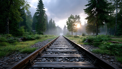Foggy rail line vanishing into forest edge at dawn 32k, full ultra hd, high resolution