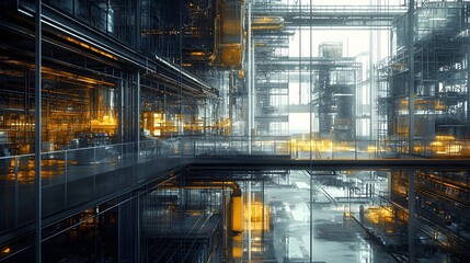 Factory catwalk view with renewed overhead wiring, geometric composition, Cinematic Scene