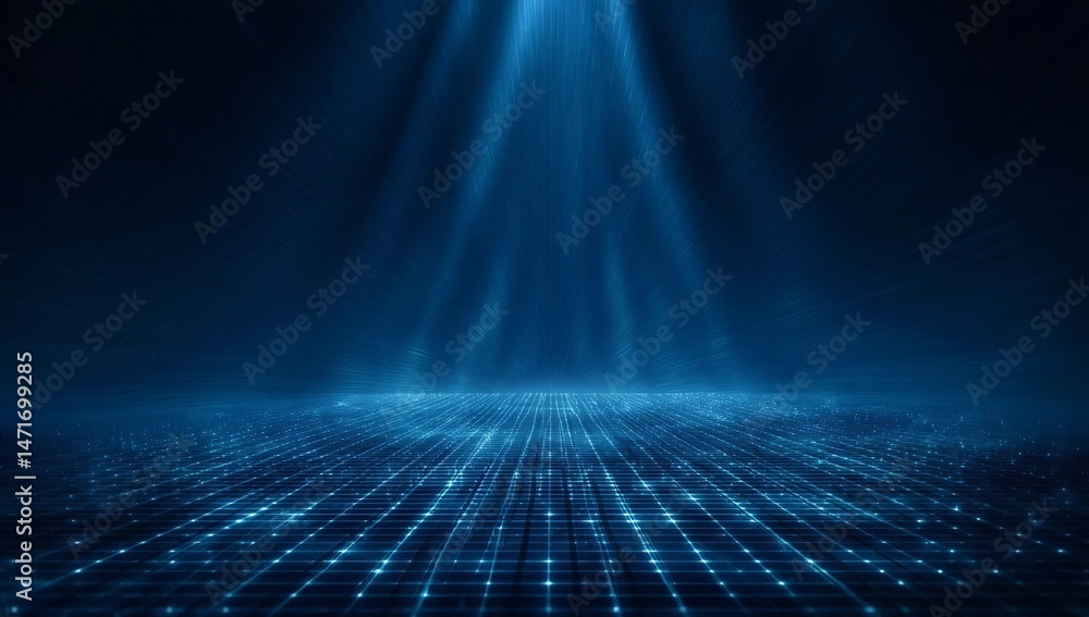 Poster abstract blue digital grid background with glowing light rays and perspective lines for technology,