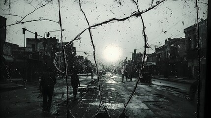 Fototapeta premium Glass panel cracked but intact, labeled REPLACE SOON, delicate balance, Cinematic Scene