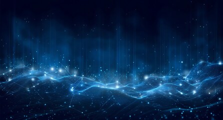 Abstract blue digital line landscape background with glowing dots and lines, a big data technology