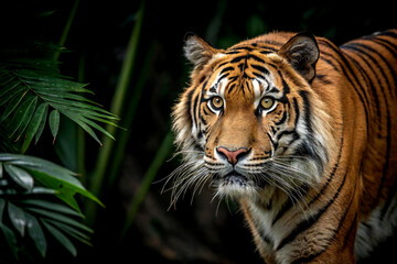 Fototapeta premium Realistic close-up of tiger with intense gaze and detailed fur in high-resolution wildlife setting