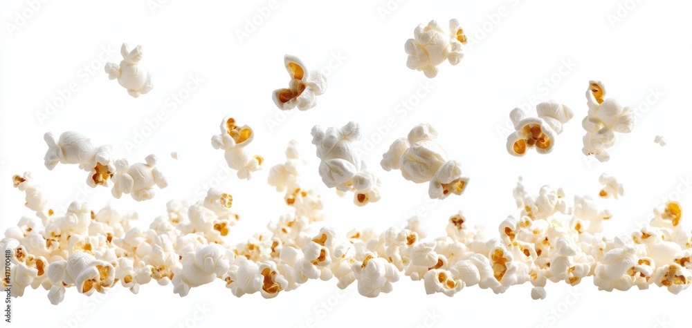 Poster a delightful burst of fluffy popcorn kernels, some airborne and others forming a delicious pile, aga
