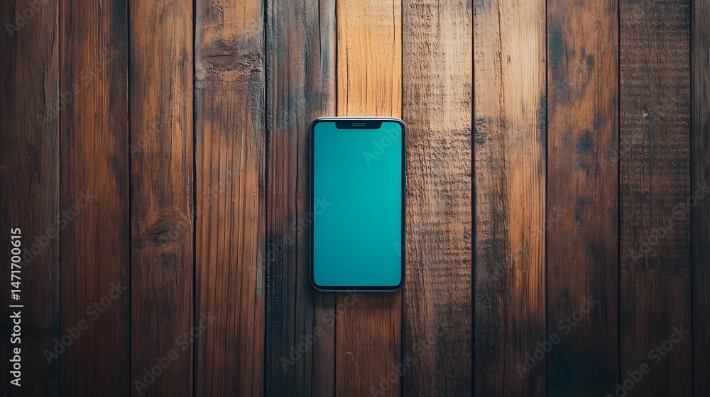 Poster a sleek smartphone with a blank screen rests against a rustic wooden backdrop, providing a clean can