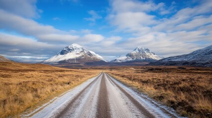 A scenic gravel road winds through a snow-dusted Scottish highlands landscape, leading towards majestic, snow-capped mountains under a vibrant blue sky. : Generative AI
