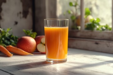 Fototapeta premium Fresh glass of homemade carrot apple juice on rustic white table by the window. Natural morning light, healthy organic ingredients, cozy kitchen setting perfect for lifestyle or food concepts.