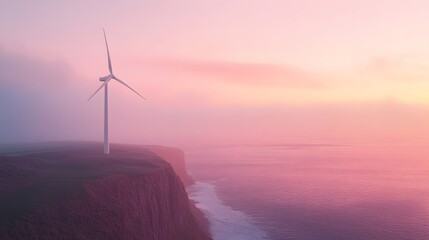 A solitary wind turbine stands as a symbol of sustainable energy against a stunning pastel sky at sunset.