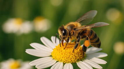 Bee pollinating vibrant daisy flower