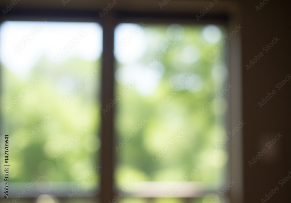 Poster blurred view through a window with green trees outside on a sunny day