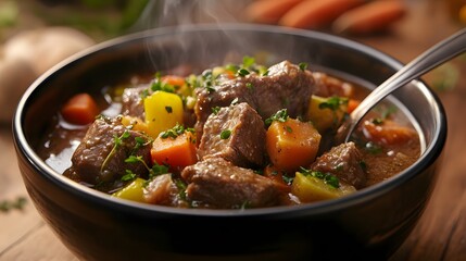 A culinary masterpiece, this close-up captures a hearty stew served in a elegant bowl, its rich broth and tender ingredients a symphony of flavors and textures. Steam rises gently.