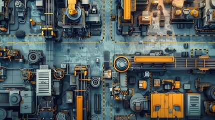 Fototapeta premium Overhead shot of machinery floor mid-reset with new layout markings, rebirth and planning, vector map style, Cinematic Scene