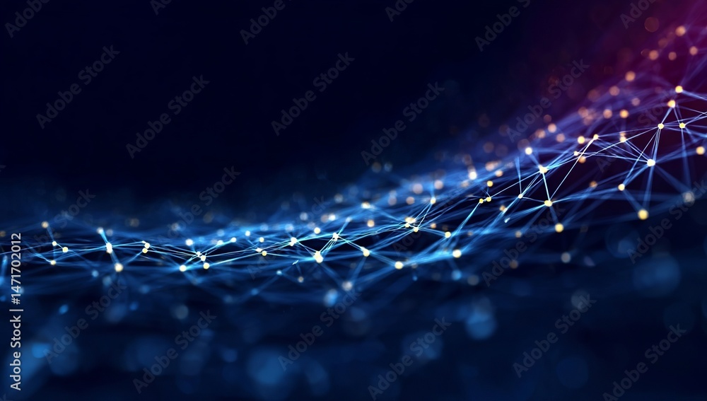 Poster abstract digital background with glowing lines and dots forming an intricate pattern on a dark blue