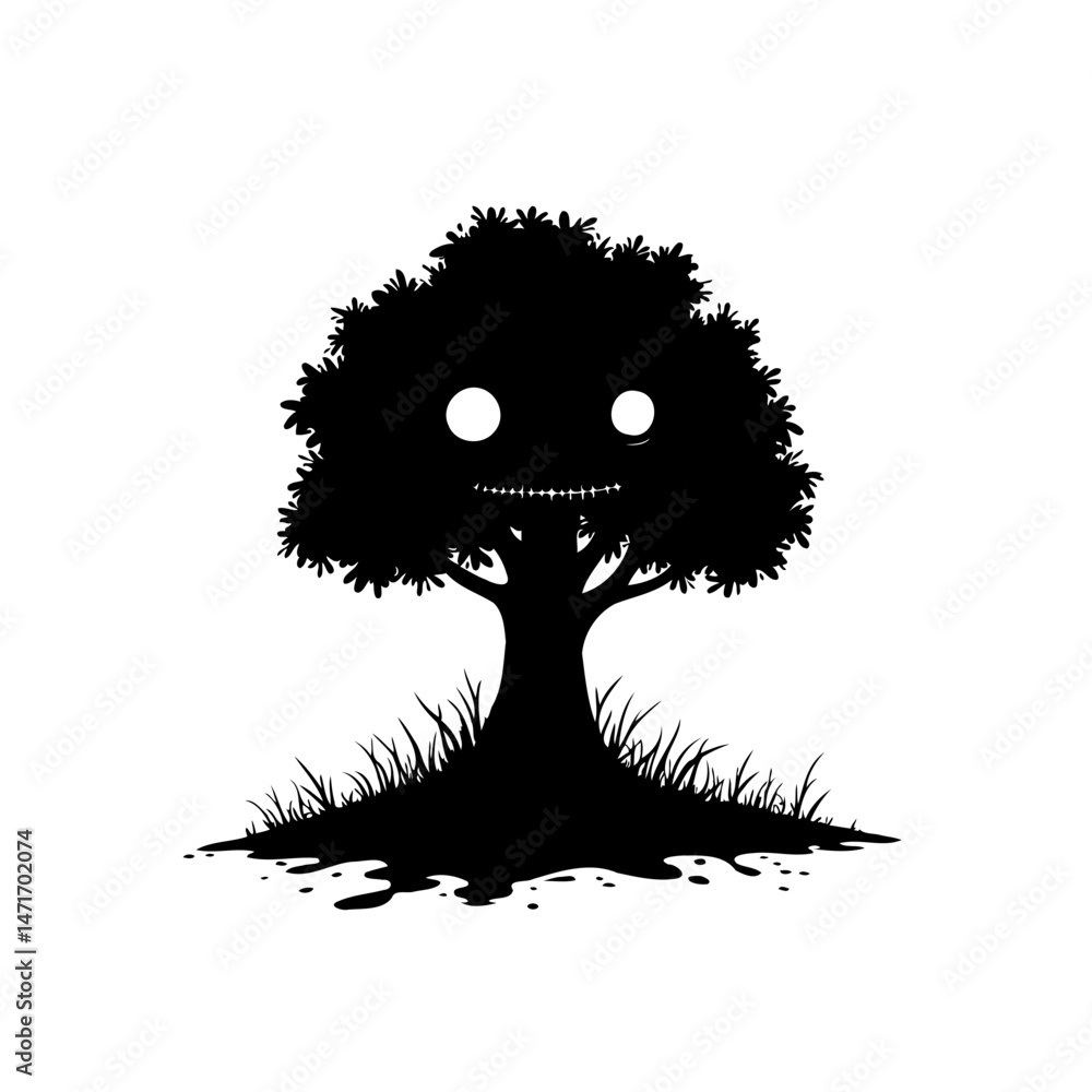 Poster whimsical tree silhouette with anthropomorphic features creating a playful mood
