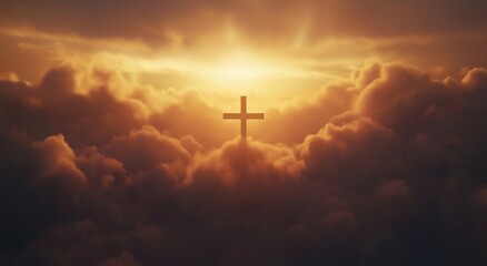 A beautiful cross in the clouds, symbolizing Jesus Christ's victory over death and His ascension to heaven, representing eternal life, divine peace, and the Christian belief in salvation.