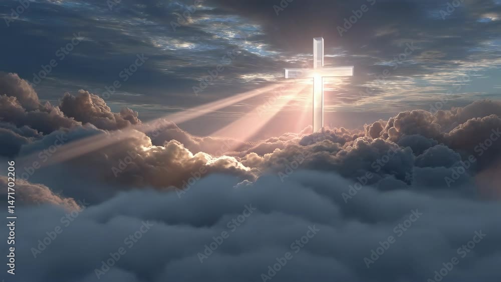 Poster glowing white cross above fluffy clouds with heavenly light rays shining down on the illuminated sym
